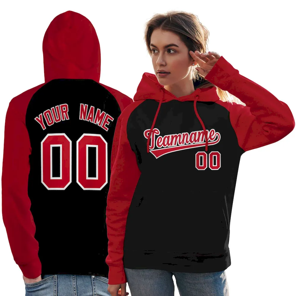 Custom Stitched Black Red Raglan Sleeves Sports Pullover Sweatshirt Hoodie For Women