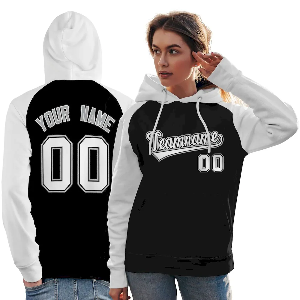 Custom Stitched Black White Raglan Sleeves Sports Pullover Sweatshirt Hoodie For Women