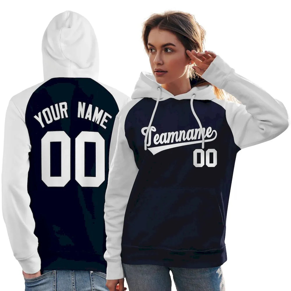 Custom Stitched Navy White Raglan Sleeves Sports Pullover Sweatshirt Hoodie For Women