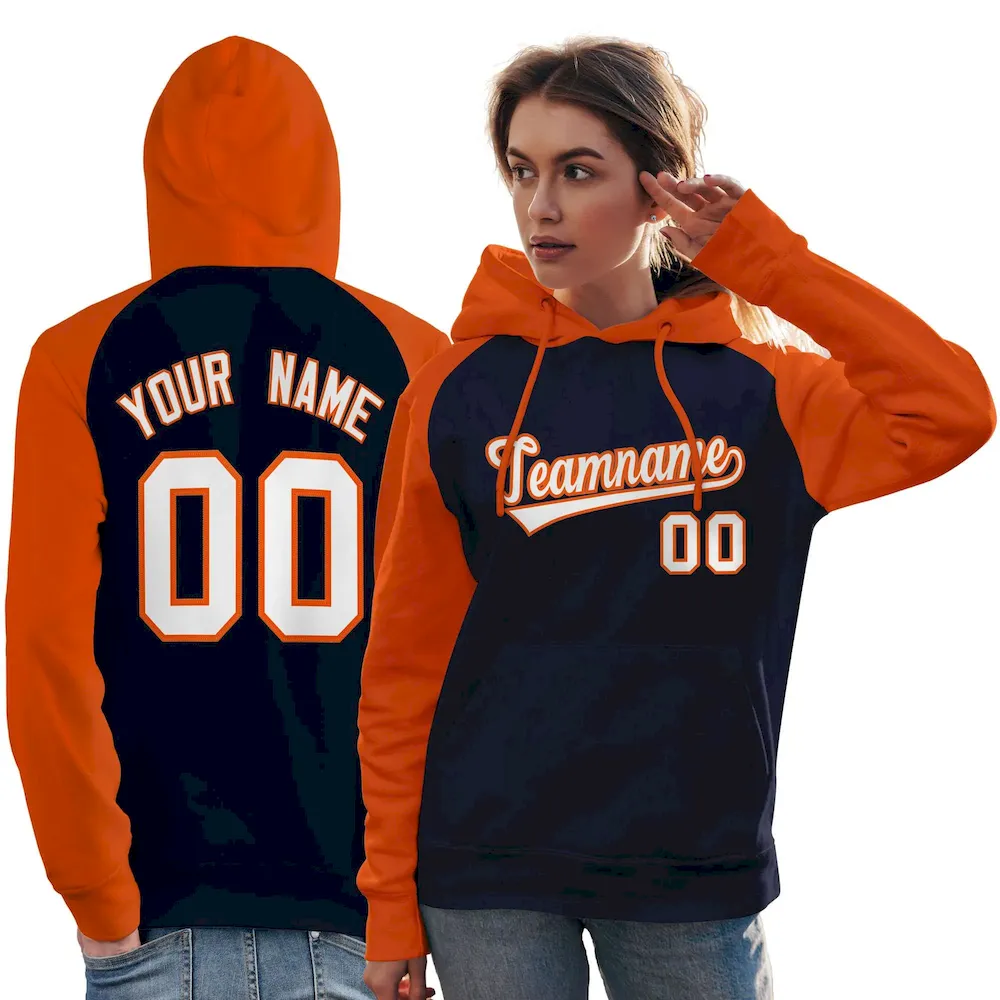 Custom Stitched Navy Orange-White Raglan Sleeves Sports Pullover Sweatshirt Hoodie For Women