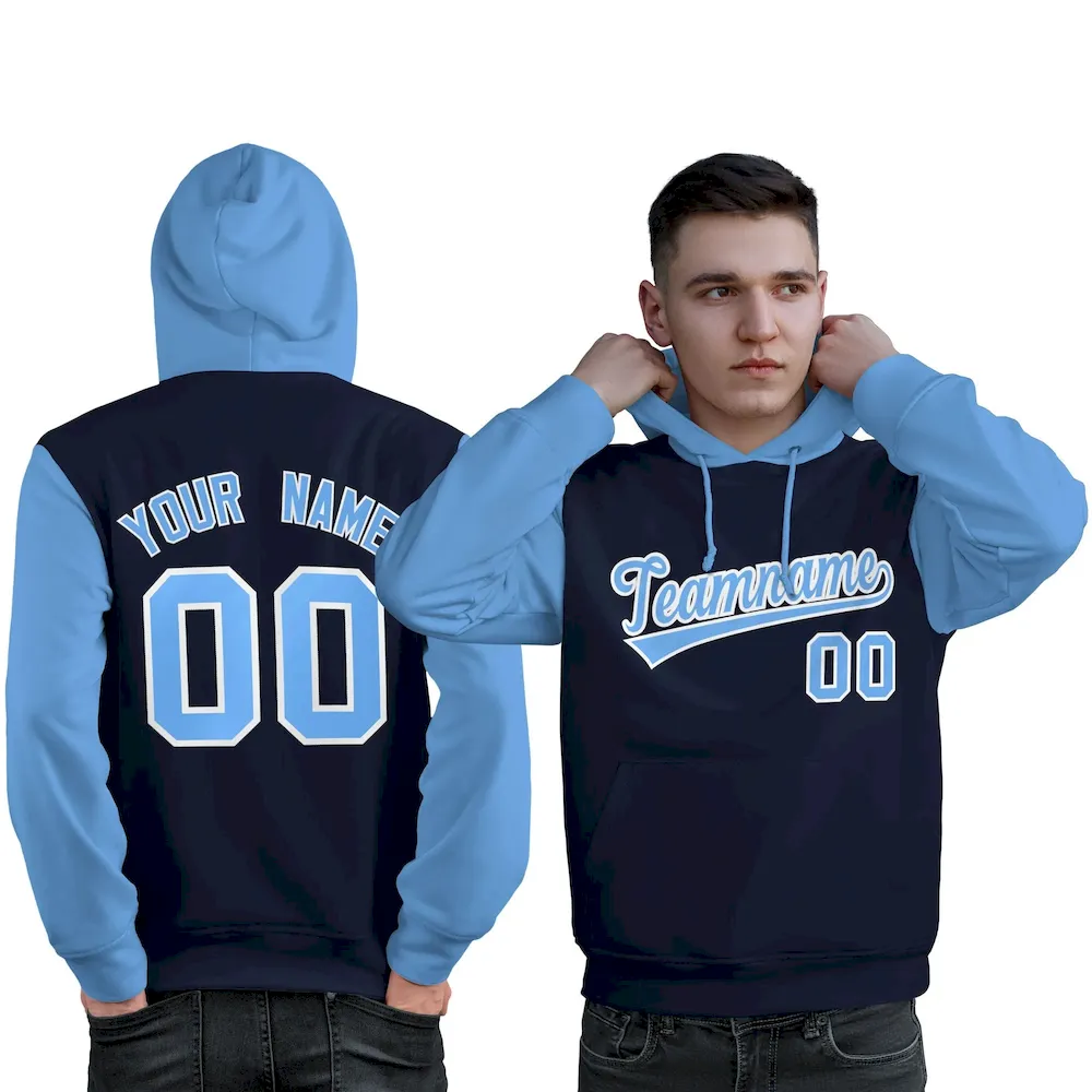 Custom Navy Lt Blue-White Raglan Sleeves Pullover Personalized Sweatshirt Hoodie