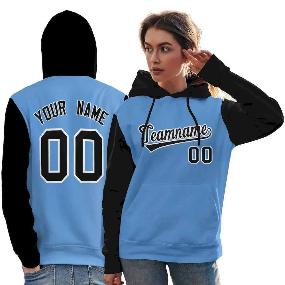 Custom Light Blue Black-White Raglan Sleeves Pullover Personalized Team Sweatshirt Hoodie