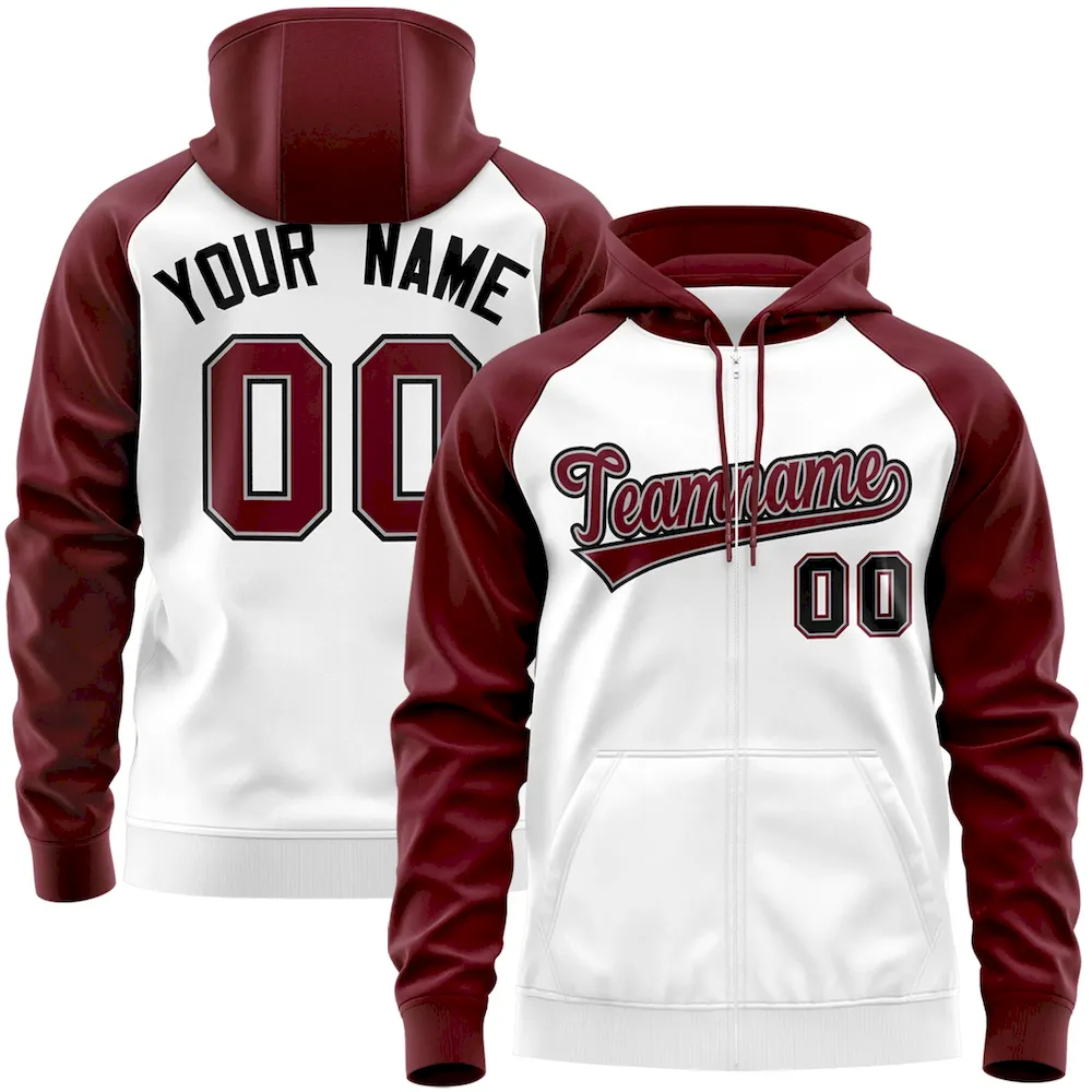 Custom Stitched White Crimson-Black Raglan Sleeves Sports Full-Zip Sweatshirt Hoodie