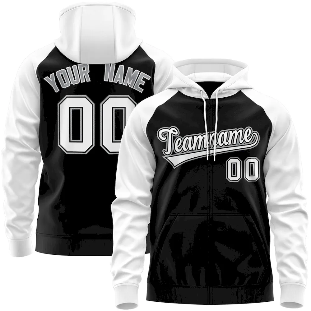 Custom Stitched Black White-Gray Raglan Sleeves Sports Full-Zip Sweatshirt Hoodie