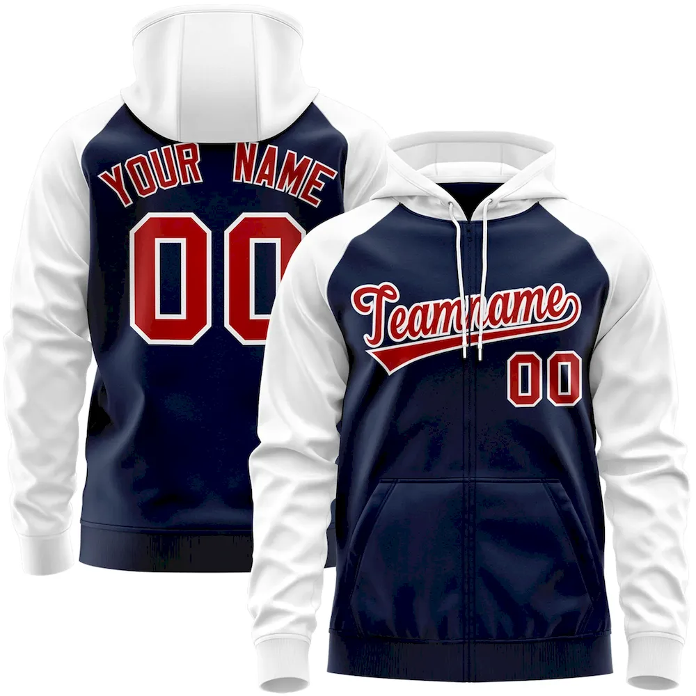 Custom Stitched Navy Red-White Raglan Sleeves Sports Full-Zip Sweatshirt Hoodie