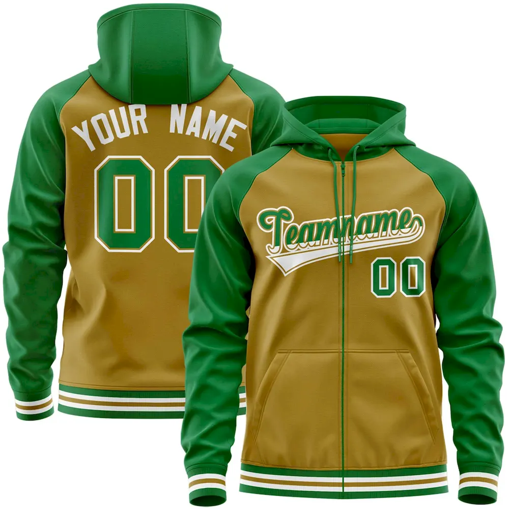 Custom Stitched Old Gold Kelly Green Raglan Sleeves Sports Full-Zip Sweatshirt Hoodie