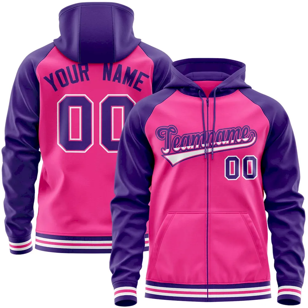 Custom Stitched Pink Purple Raglan Sleeves Sports Full-Zip Sweatshirt Hoodie