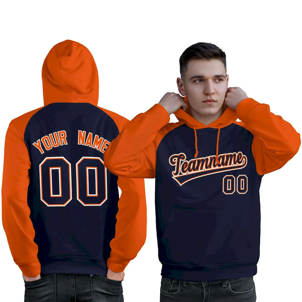 Custom Stitched Navy Orange Raglan Sleeves Sports Pullover Sweatshirt Hoodie For Men
