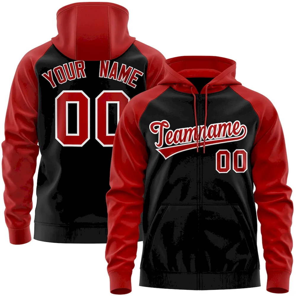 Custom Stitched Black Red-White Raglan Sleeves Sports Full-Zip Sweatshirt Hoodie