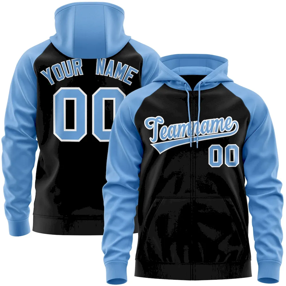 Custom Stitched Black Powder Blue-White Raglan Sleeves Sports Full-Zip Sweatshirt Hoodie