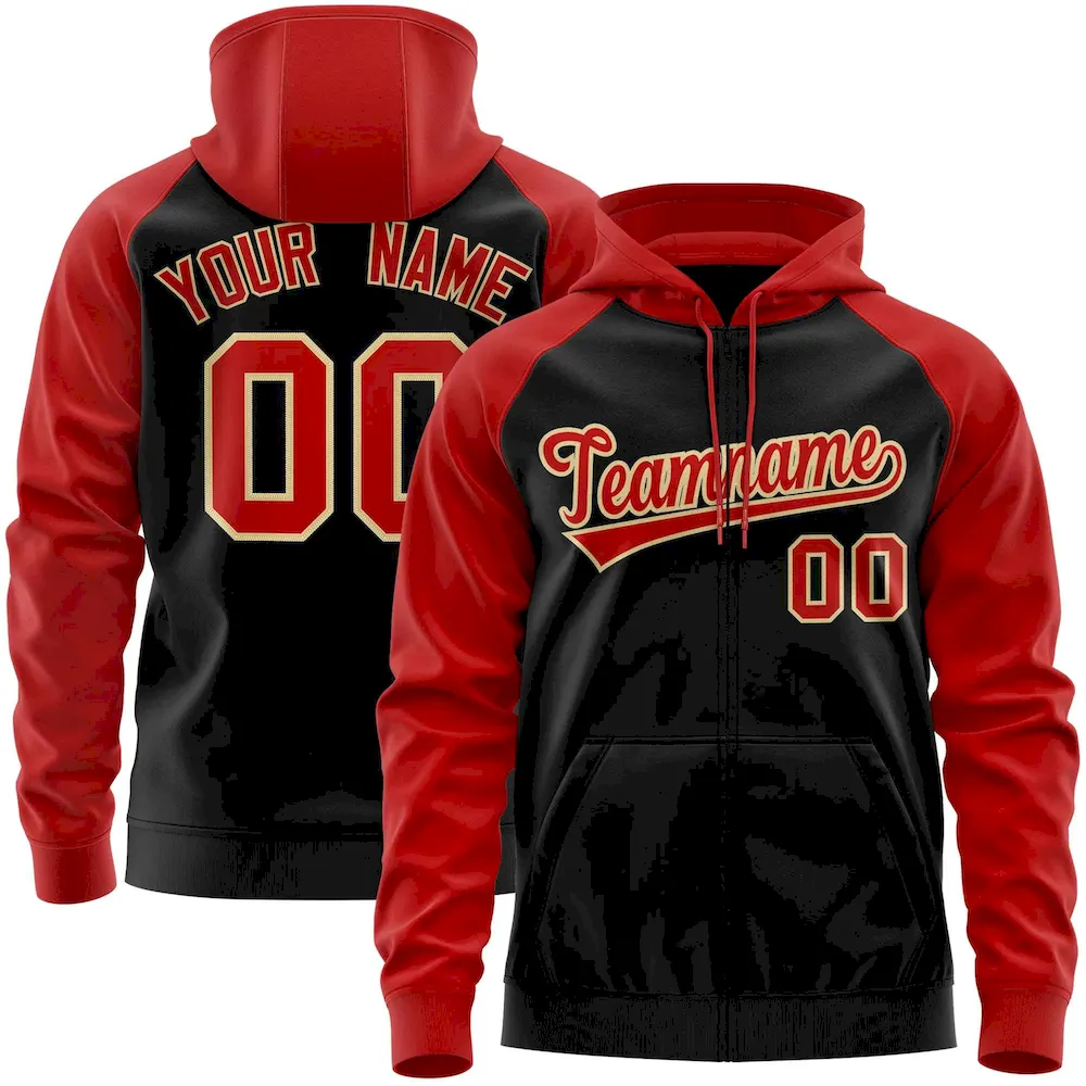 Custom Stitched Black Red Raglan Sleeves Sports Full-Zip Sweatshirt Hoodie