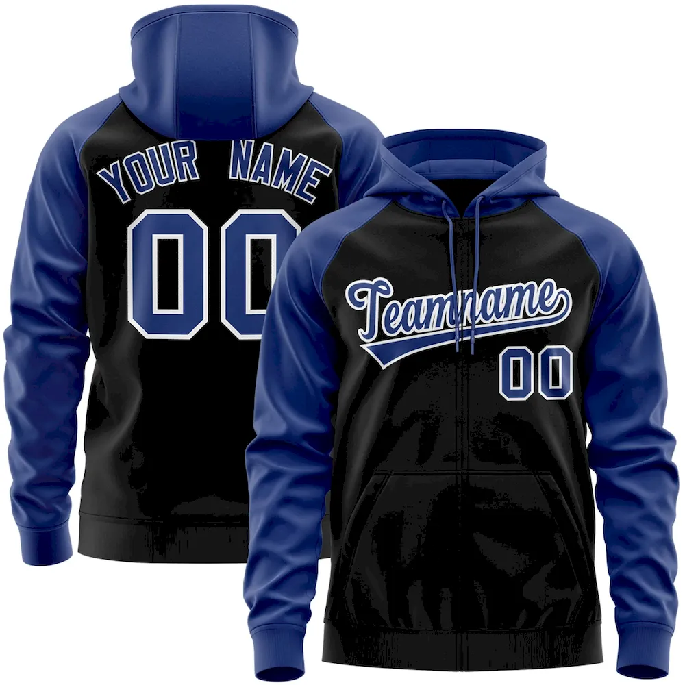 Custom Stitched Black Royal-White Raglan Sleeves Sports Full-Zip Sweatshirt Hoodie