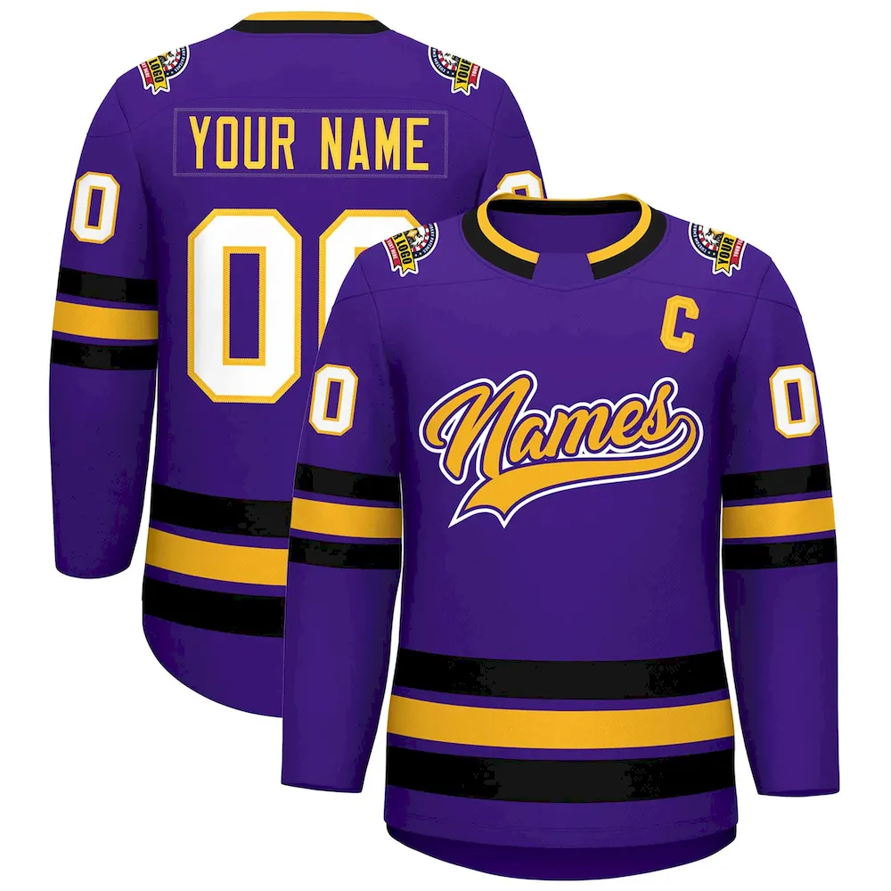 Custom Purple Gold Purple-White Classic Style Hockey Jersey