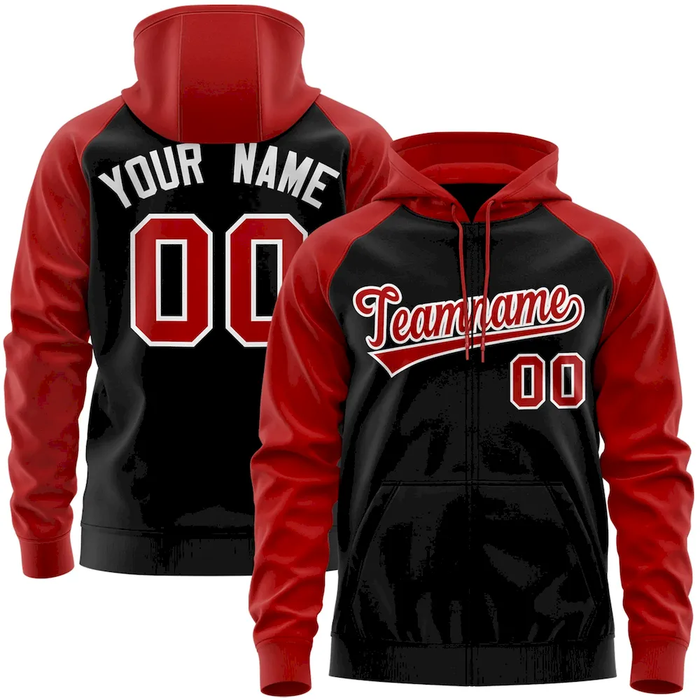 Custom Stitched Black Red-White Raglan Sleeves Sports Full-Zip Sweatshirt Hoodie