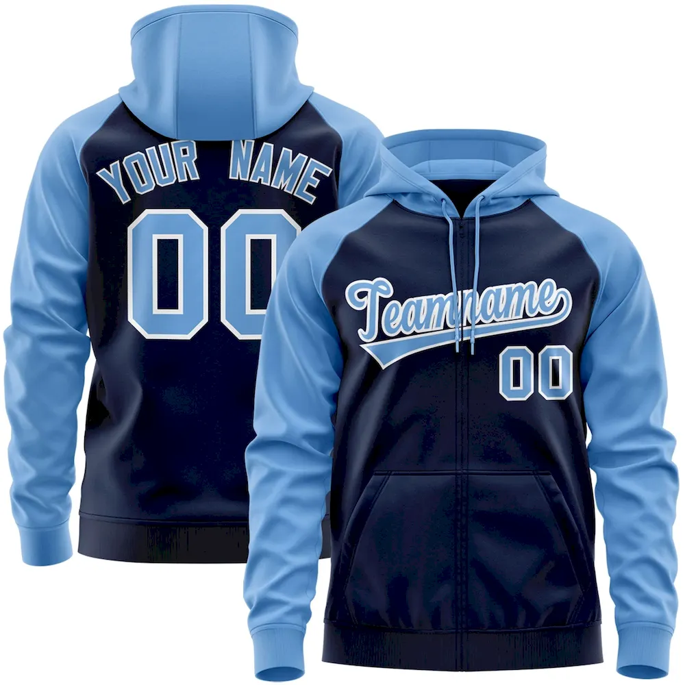 Custom Stitched Navy Powder Blue-White Raglan Sleeves Sports Full-Zip Sweatshirt Hoodie
