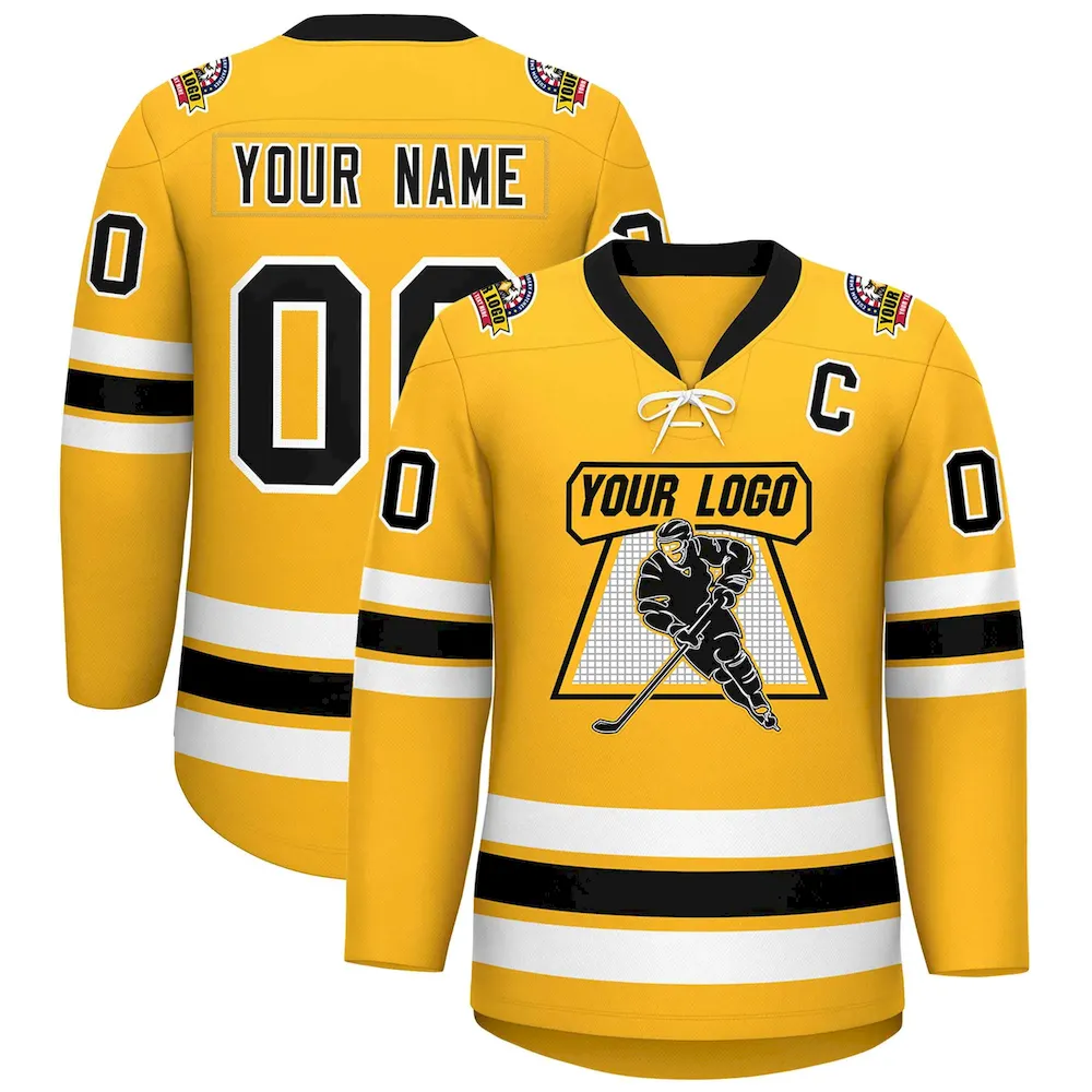 Custom Gold Black-White Lace-Up Neck Hockey Jersey
