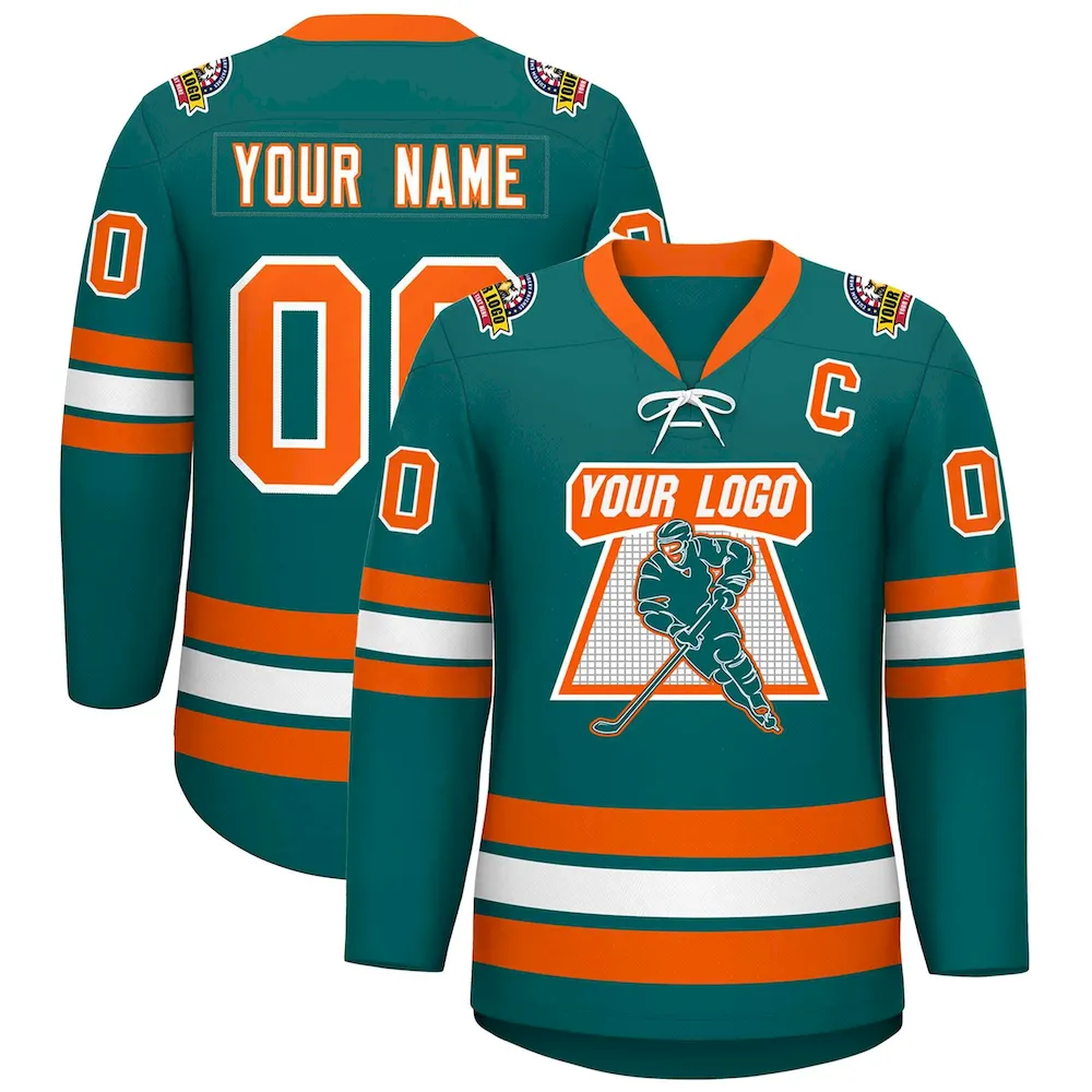 Custom Aqua White-Orange Lace-Up Neck Hockey Jersey