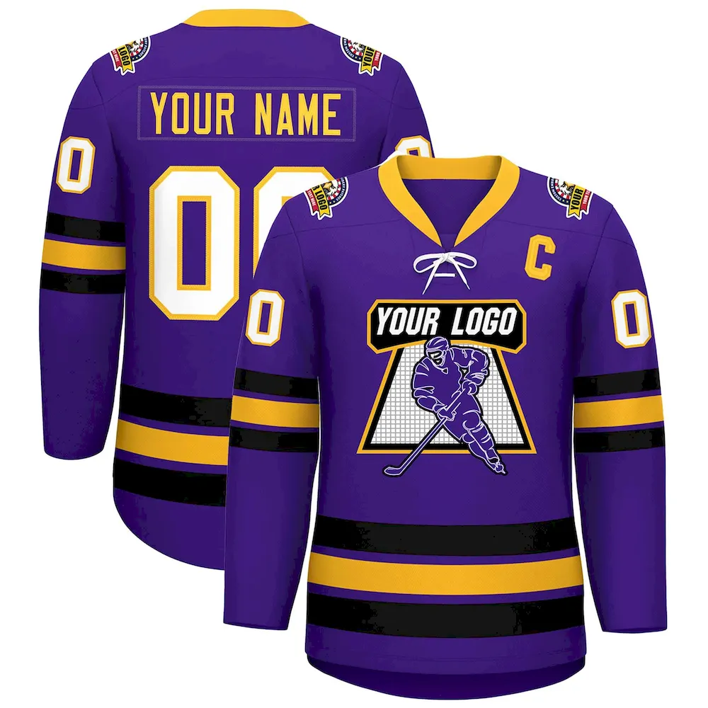 Custom Purple Yellow-Black Lace-Up Neck Hockey Jersey