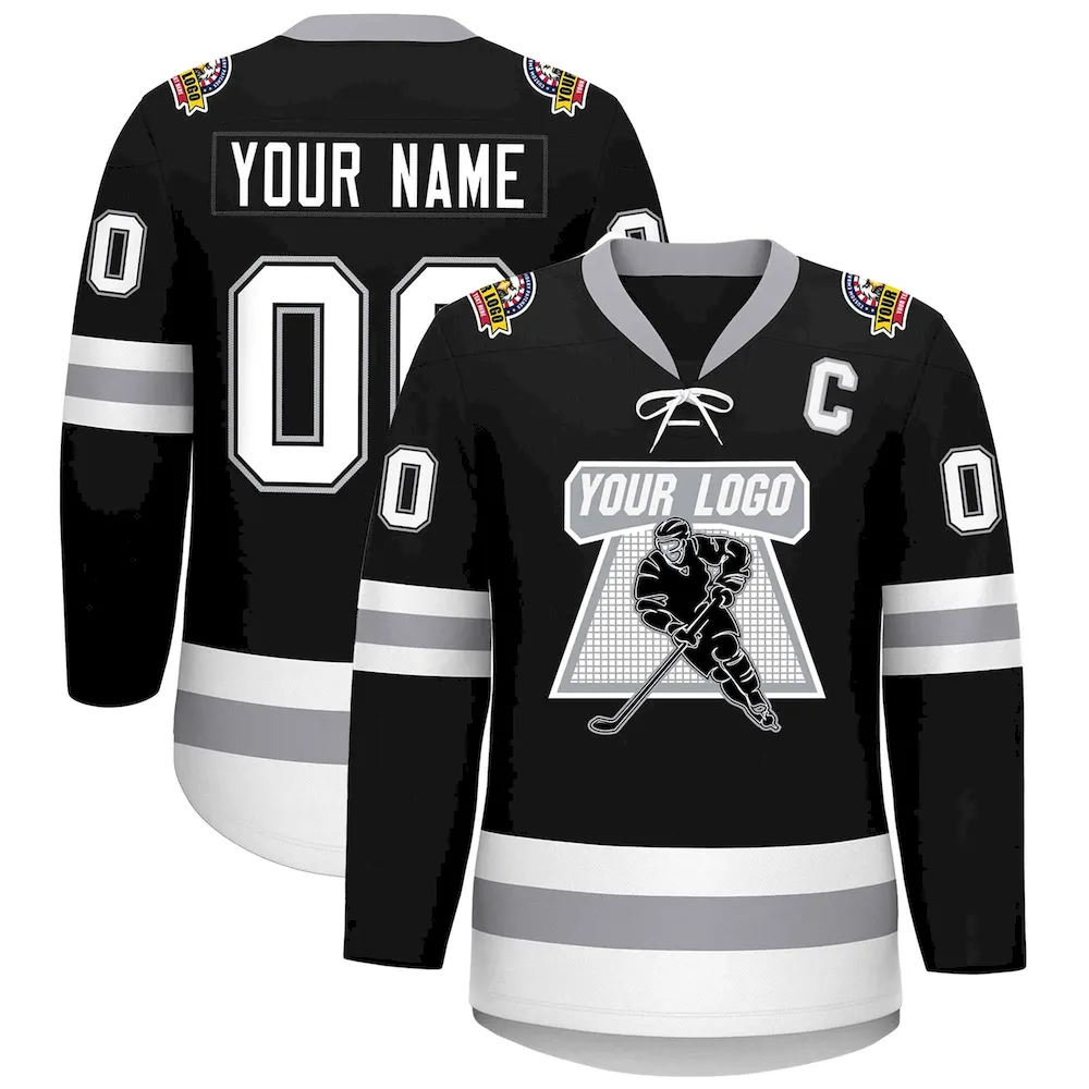 Custom Black White-Gray Lace-Up Neck Hockey Jersey