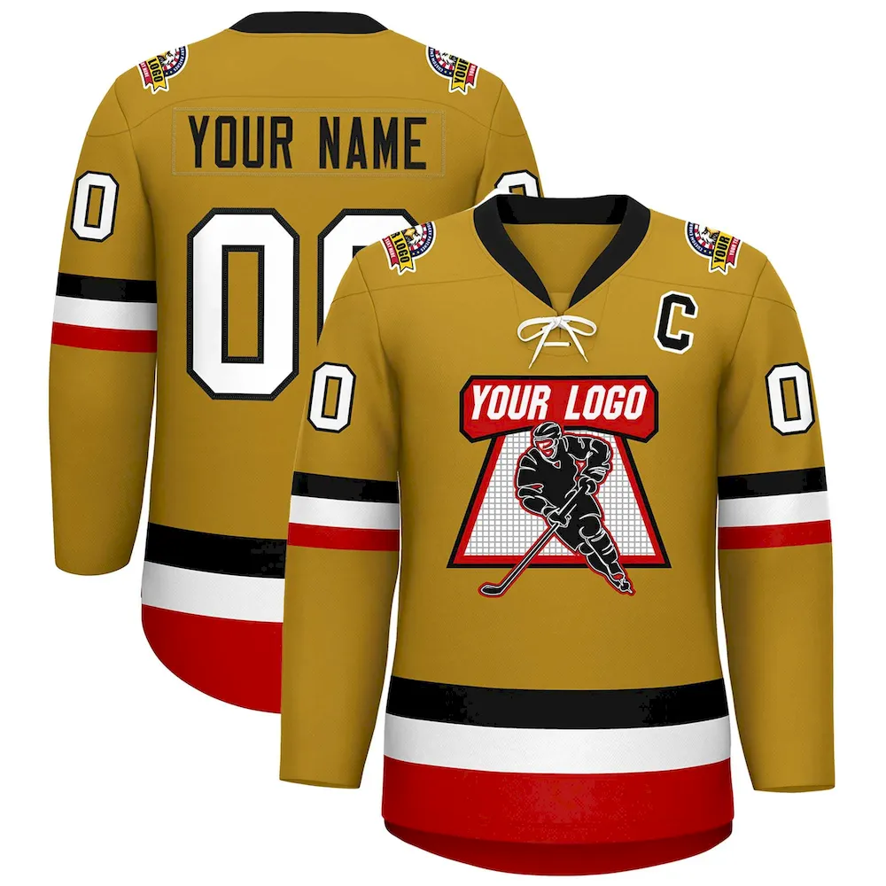 Custom Old Gold Black-White Lace-Up Neck Hockey Jersey