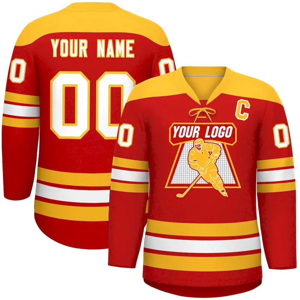 Custom Red Gold White Personalized Classic Lace-Up Neck Hockey Jersey
