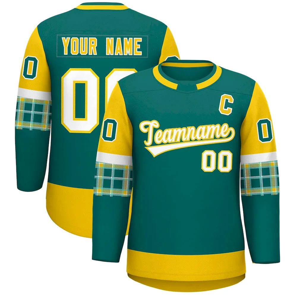 Custom Aqua Gold Personalized Raglan Sleeves Round-Neck Hockey Jersey