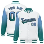 Custom White Light Blue-Aqua Gradient Varsity Full-Snap Raglan Sleeves Baseball Jacket