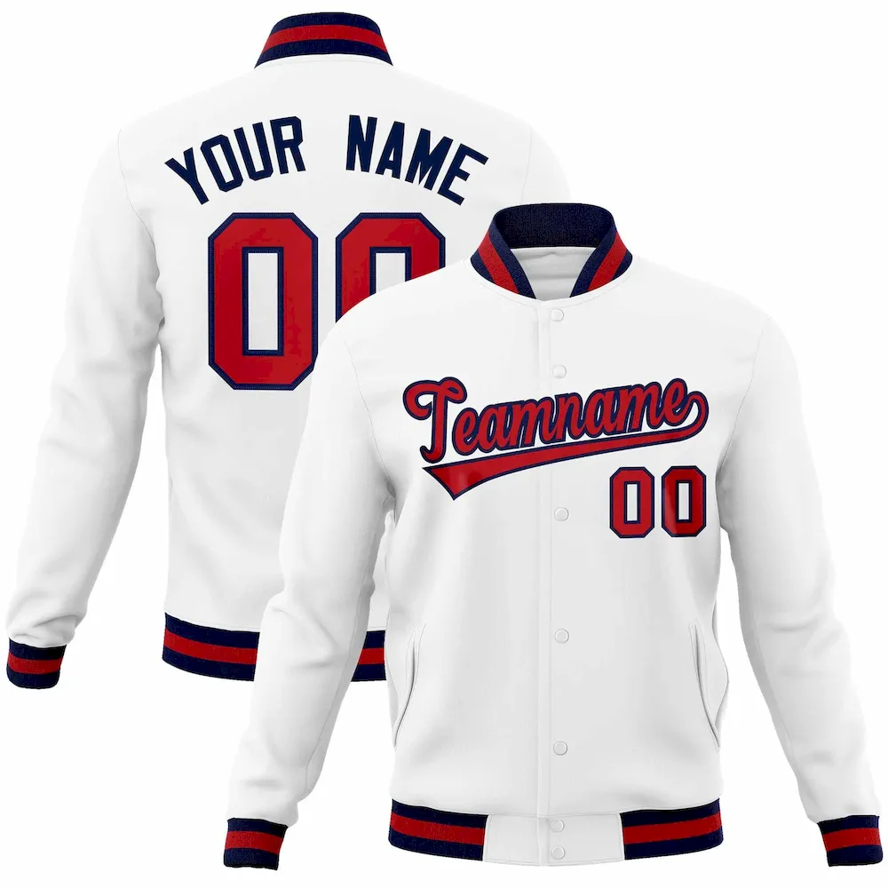 Custom White Red-Navy Classic Style Varsity Full-Snap Letterman Jacket