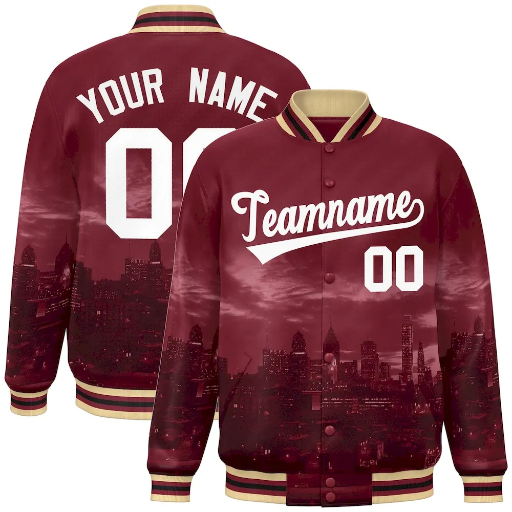 Custom Crimson White Philadelphia City Connect Track Varsity Full-Snap Jacket