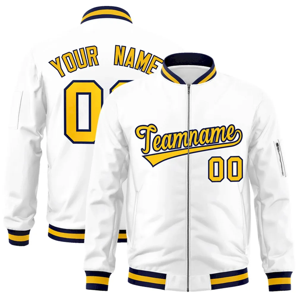Custom White Yellow-Navy Varsity Full-Zip Letterman Bomber Jacket
