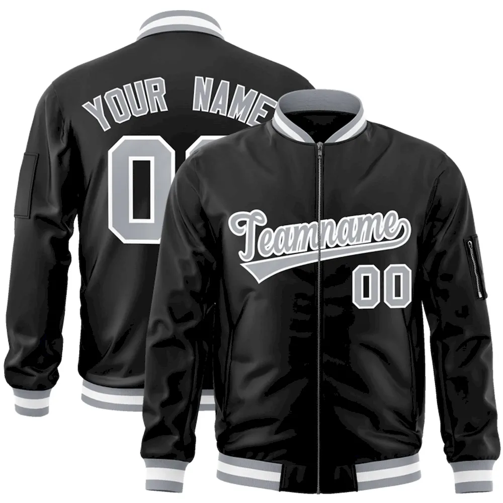 Custom Black Gray-White Varsity Full-Zip Letterman Bomber Jacket
