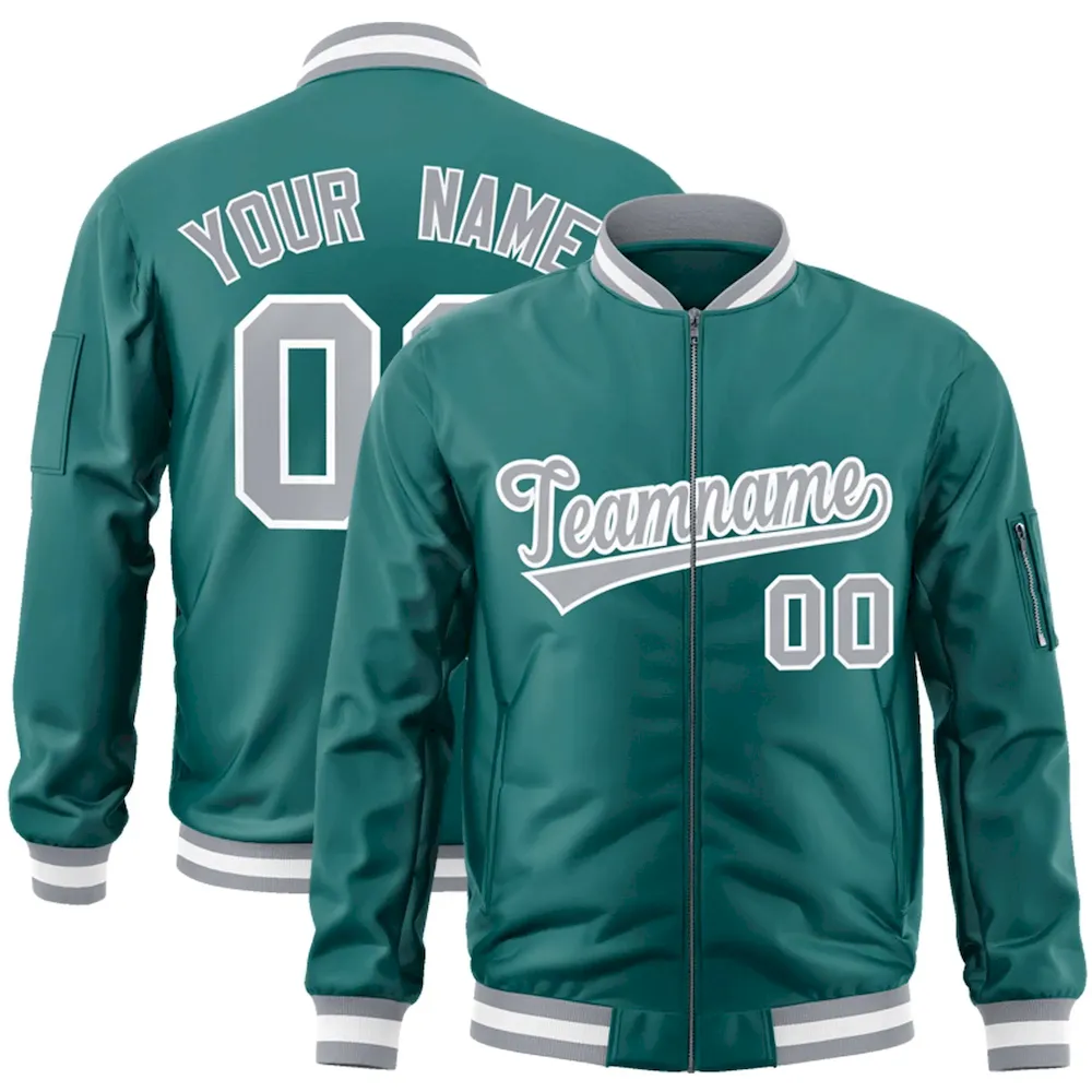 Custom Aqua Gray-White Varsity Full-Zip Letterman Bomber Jacket