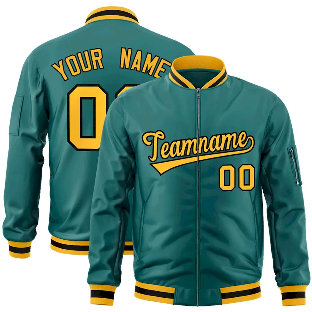Custom Aqua Gold-Black Varsity Full-Zip Letterman Bomber Jacket