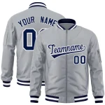 Custom Gray Navy-White Varsity Full-Zip Letterman Bomber Jacket