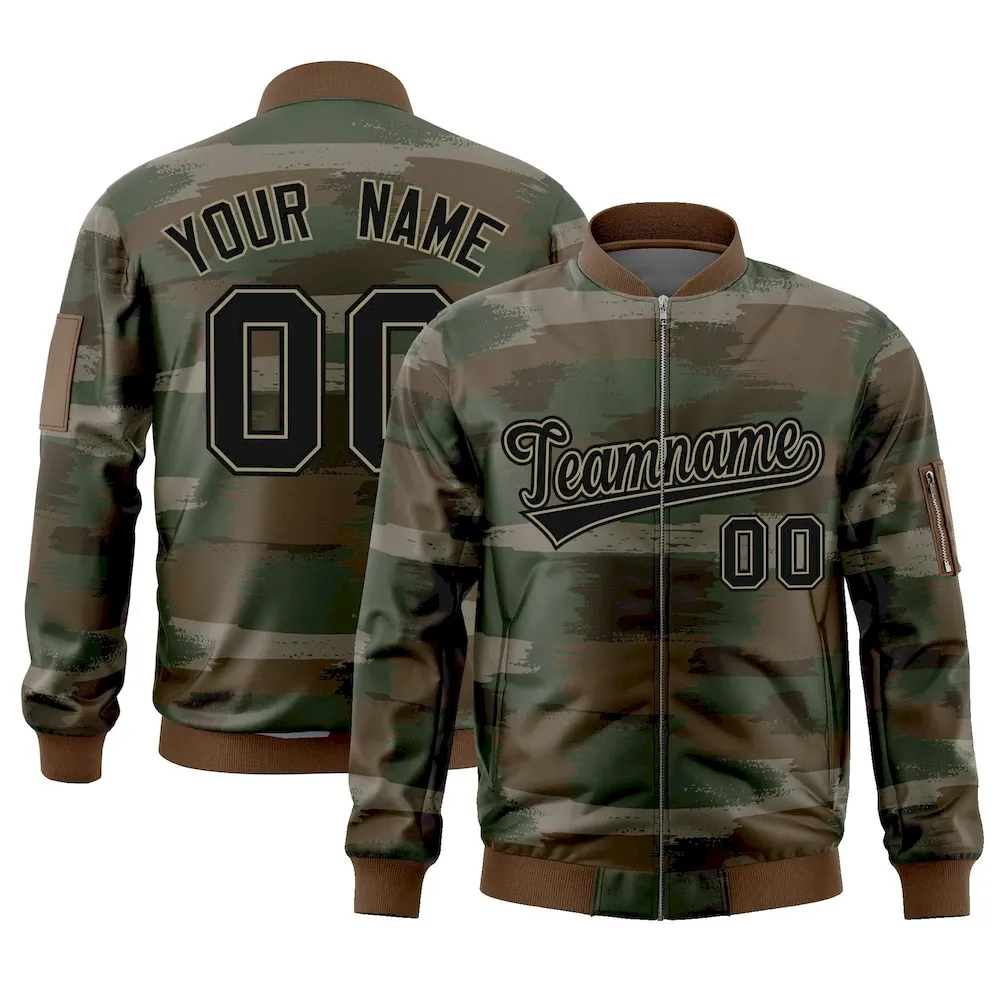 Custom Olive Khaki Varsity Full-Zip Camo Letterman Bomber Jacket