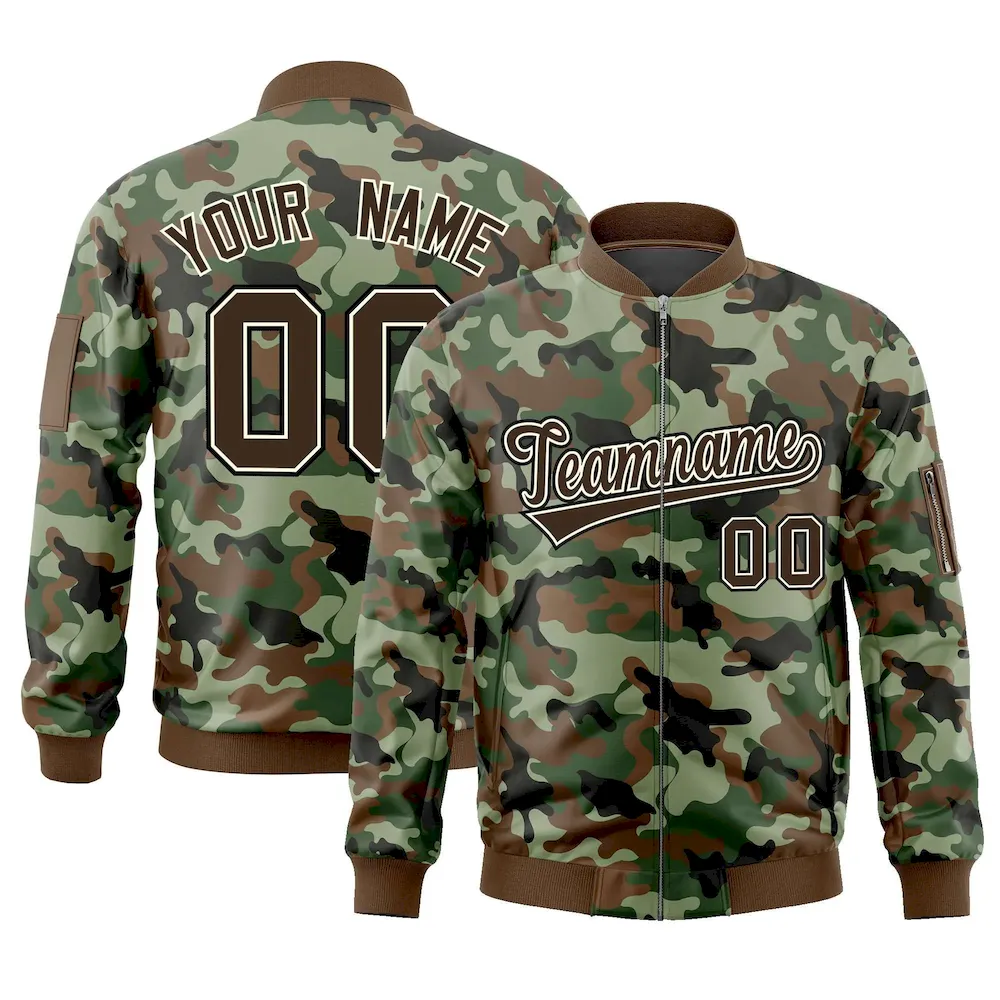 Custom Brown Khaki Varsity Full-Zip Camo Letterman Bomber Jacket