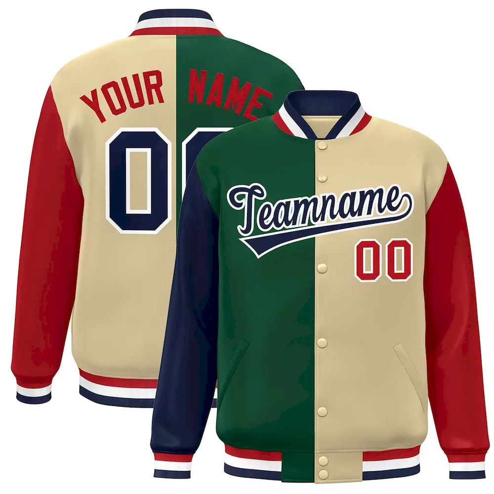 Custom Navy Green Khaki-Red Color Block Bomber Varsity Full-Snap Baseball Jacket