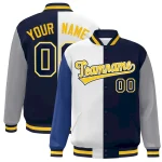 Custom Royal White Navy-Gray Color Block Bomber Varsity Full-Snap Baseball Jacket