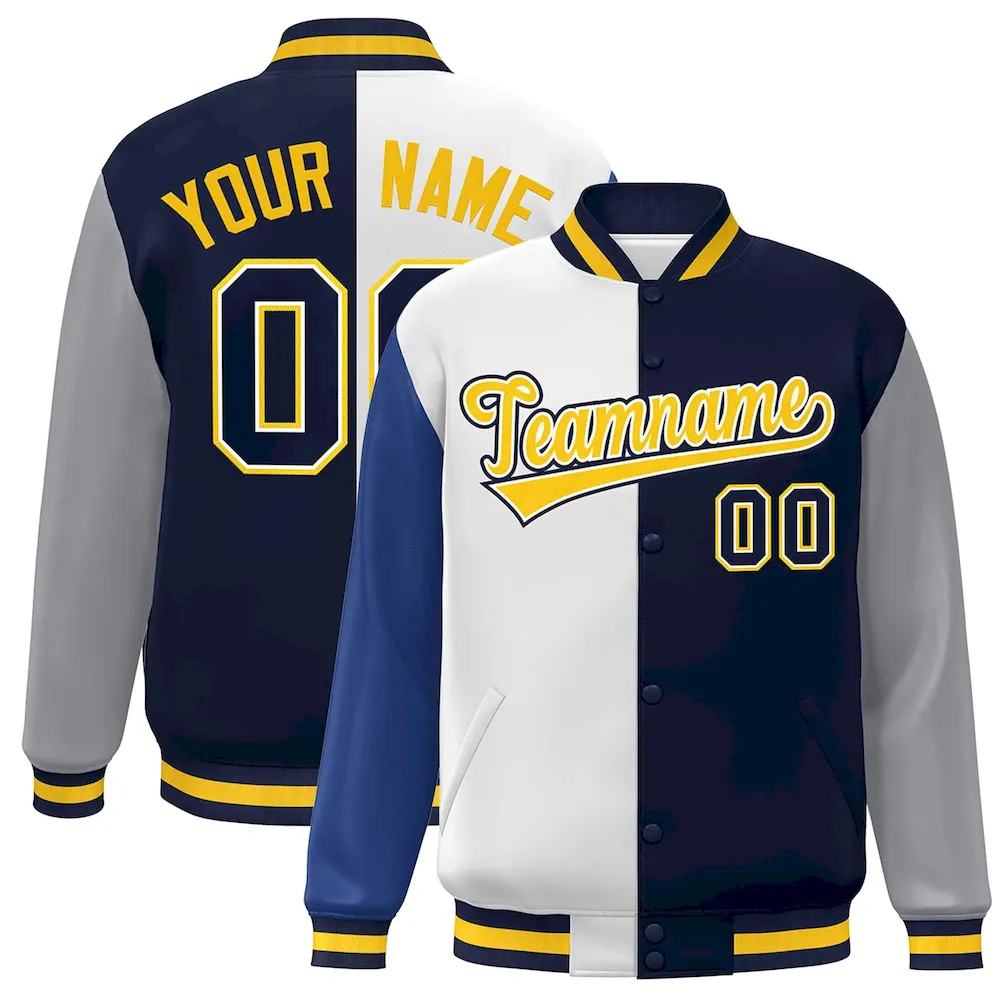 Custom Royal White Navy-Gray Color Block Bomber Varsity Full-Snap Baseball Jacket