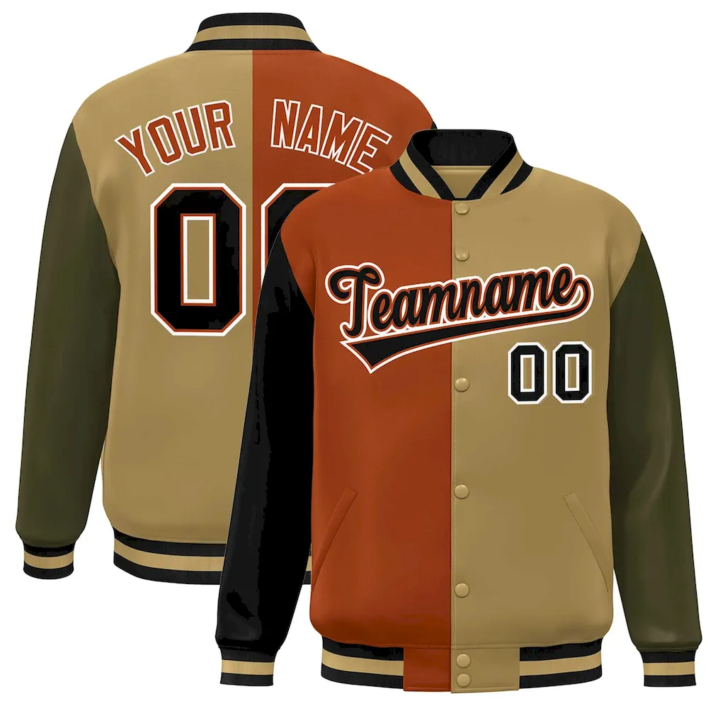 Custom Black Texas Orange Old Gold-Olive Color Block Bomber Varsity Full-Snap Baseball Jacket