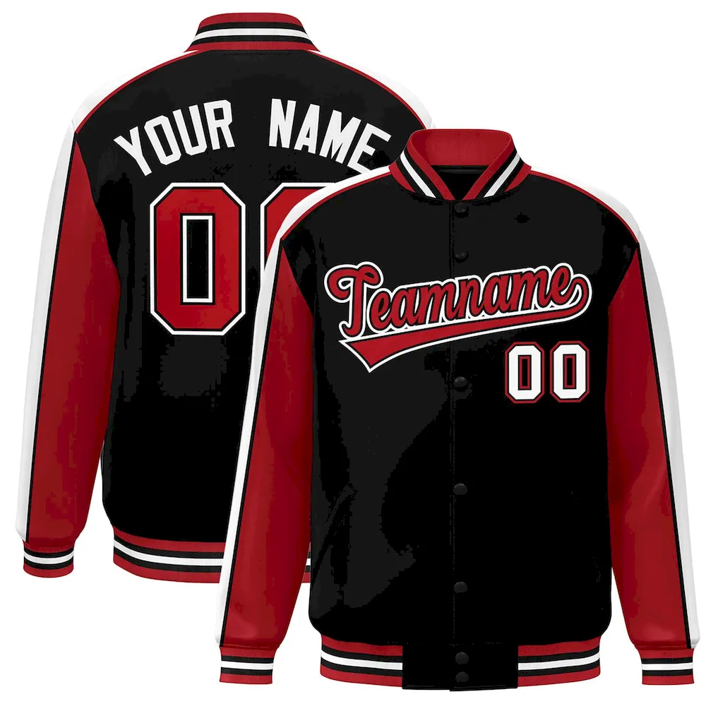 Custom Black Red-White Color Block Bomber Varsity Full-Snap Baseball Jacket