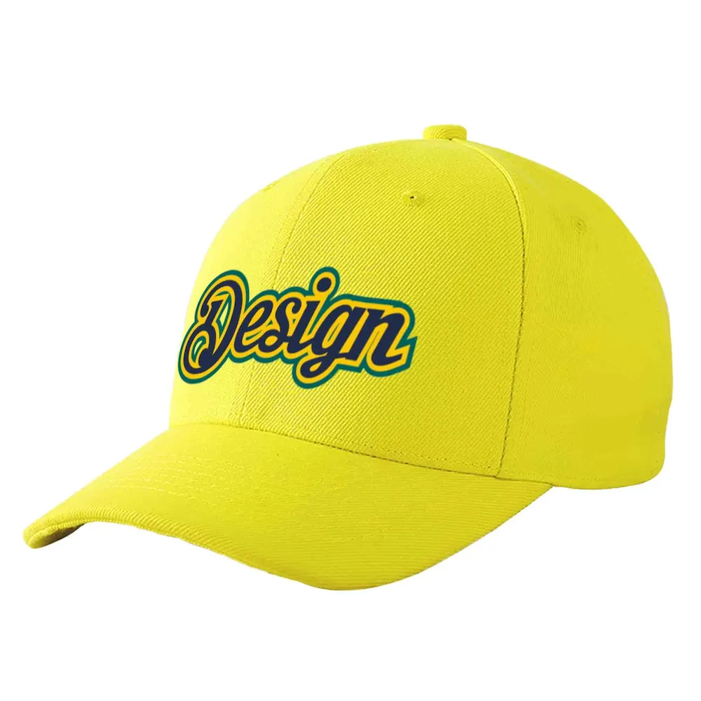 Custom Yellow Navy-Gold Curved Eaves Sport Design Baseball Cap
