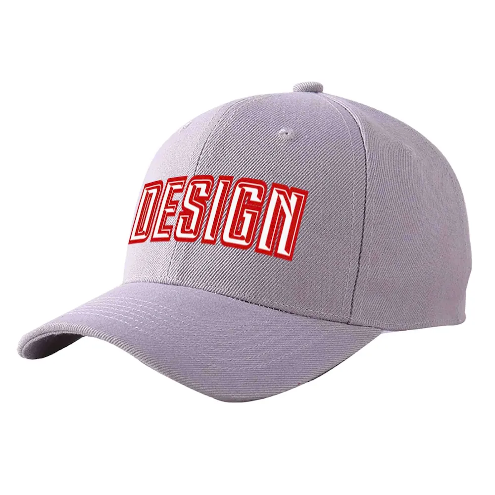 Custom Gray White-Red Curved Eaves Sport Design Baseball Cap