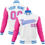 Custom White Crimson-White Raglan Sleeves Varsity Full-Snap Letterman Jacket