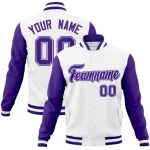 Custom White Purple-White Raglan Sleeves Varsity Full-Snap Letterman Jacket