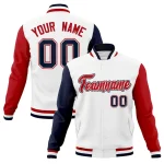 Custom White Red-White Raglan Sleeves Varsity Full-Snap Letterman Jacket