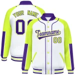 Custom White Neon Green-Purple Raglan Sleeves Varsity Full-Snap Letterman Baseball Jacket