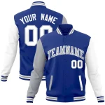Custom Royal Gray-White Raglan Sleeves Varsity Full-Snap Letterman Jacket