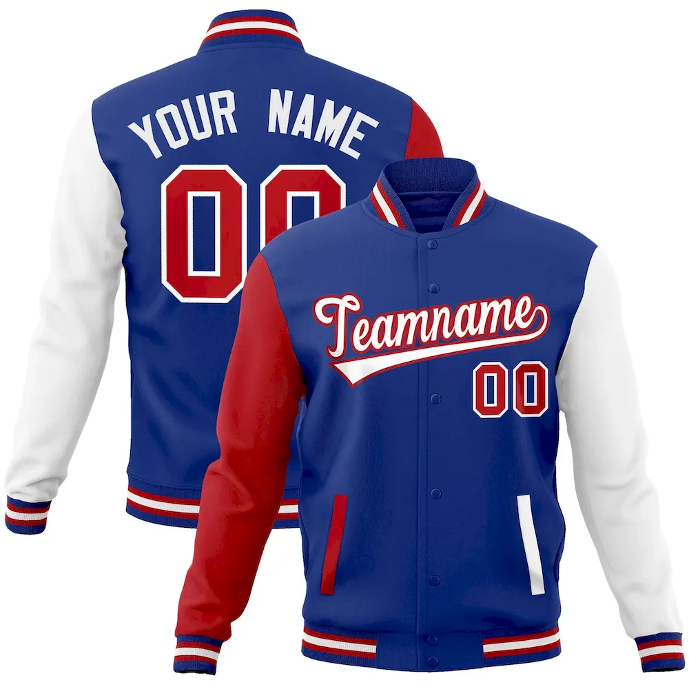 Custom Royal White-Red Raglan Sleeves Varsity Full-Snap Letterman Jacket