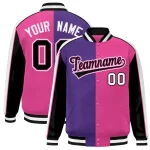 Custom Purple Pink Black-White Color Block Bomber Varsity Full-Snap Baseball Jacket